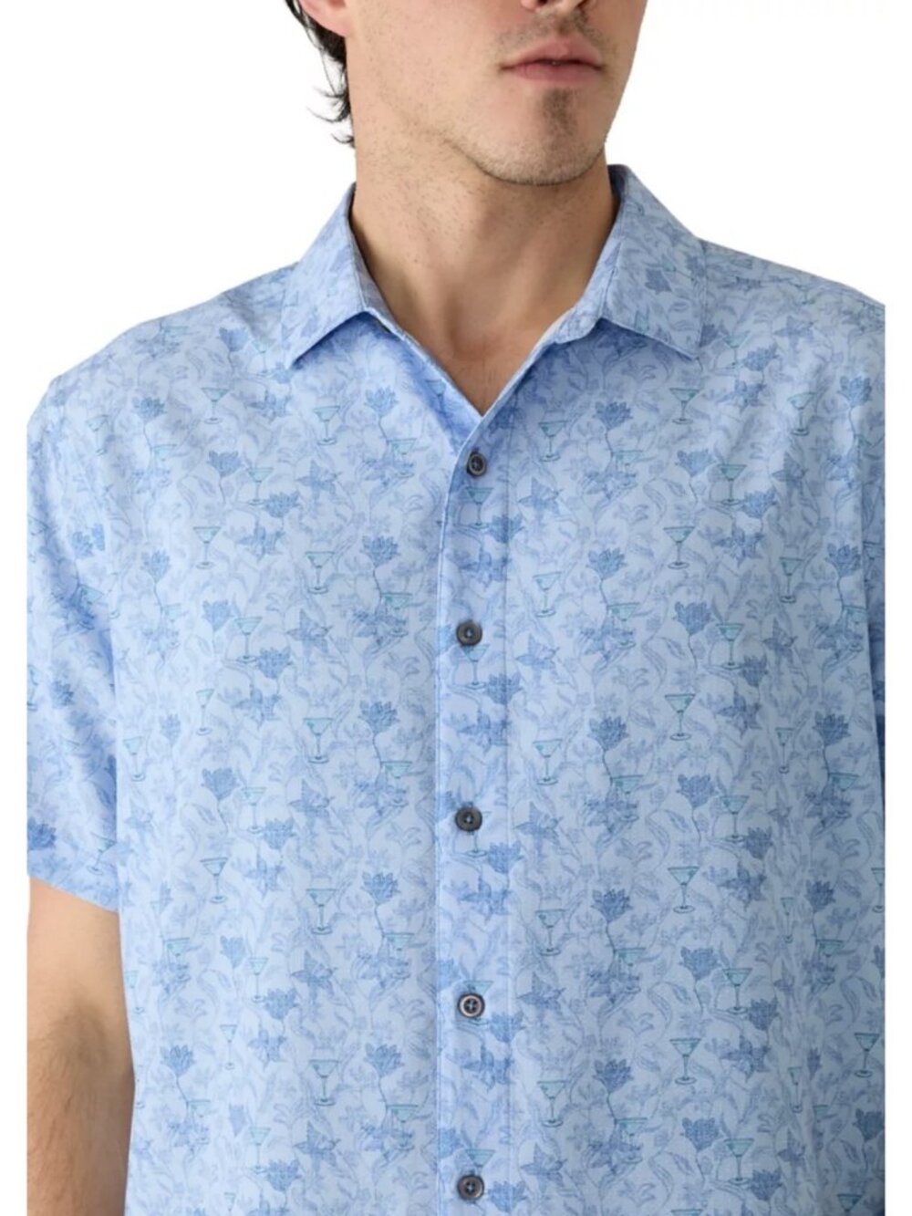 Greg Norman Men's Short Sleeve Hawaiian Martini Printed Seeersucker Shirt Blue L
